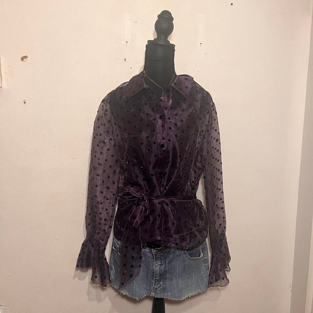 Y2K grunge Sheer Purple polka dot button up blouse with tie waist
